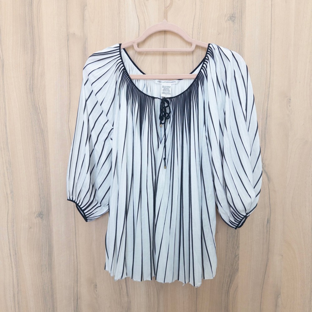 Diane von Furstenberg Womens Silk Blouse 2 White Striped Balloon Sleeve Parisian